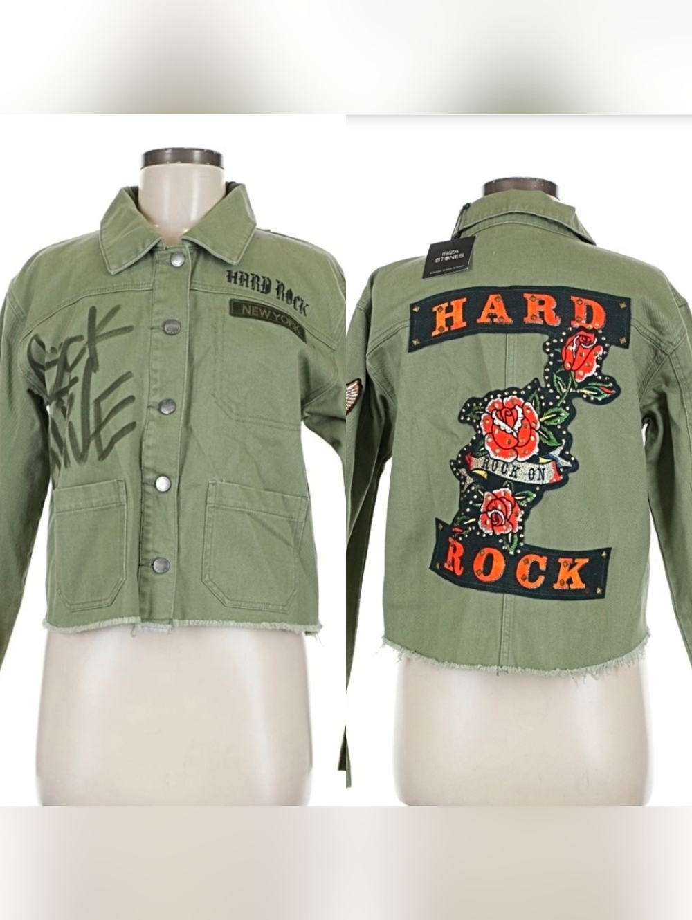 NWT Hard Rock New York IBIZA MADE Stones Denim Tracker Jacket Guitar Women M